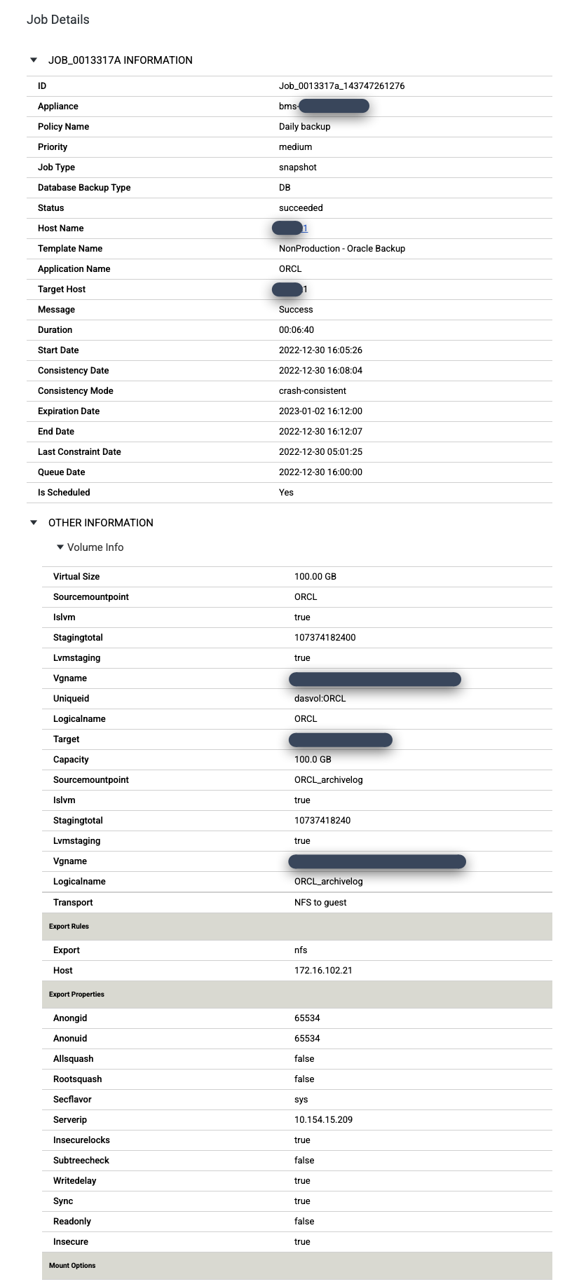 Página de la consola de gestión de Backup y DR que muestra los detalles de una tarea de copia de seguridad.