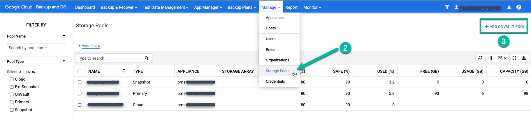 Backup and DR management console page that shows the Manage > Storage Pools menu.