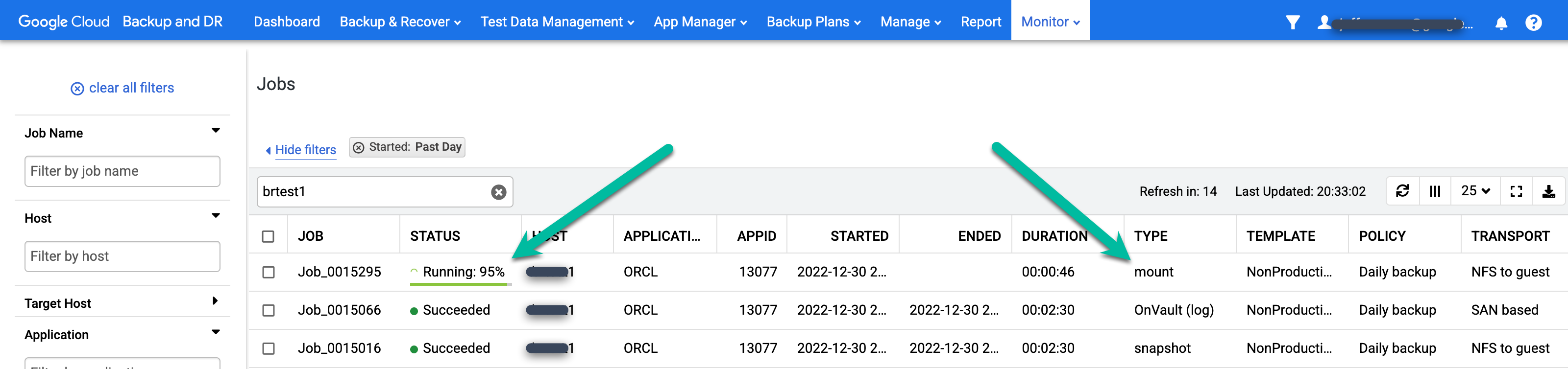 Backup and DR management console page that shows the Monitor > Jobs page.