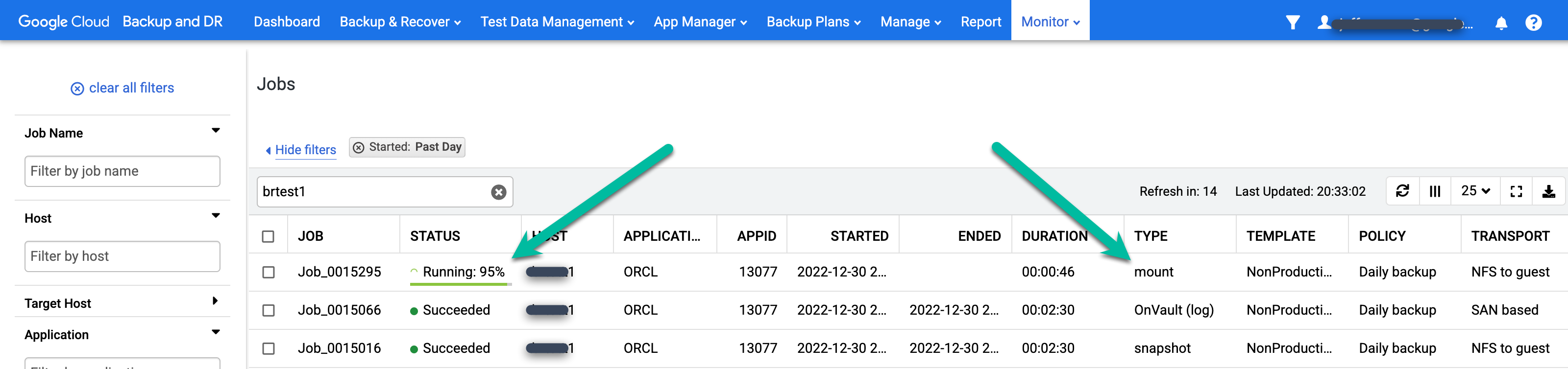 Pagina della console di gestione di Backup &RE che mostra Monitora > Pagina Job.