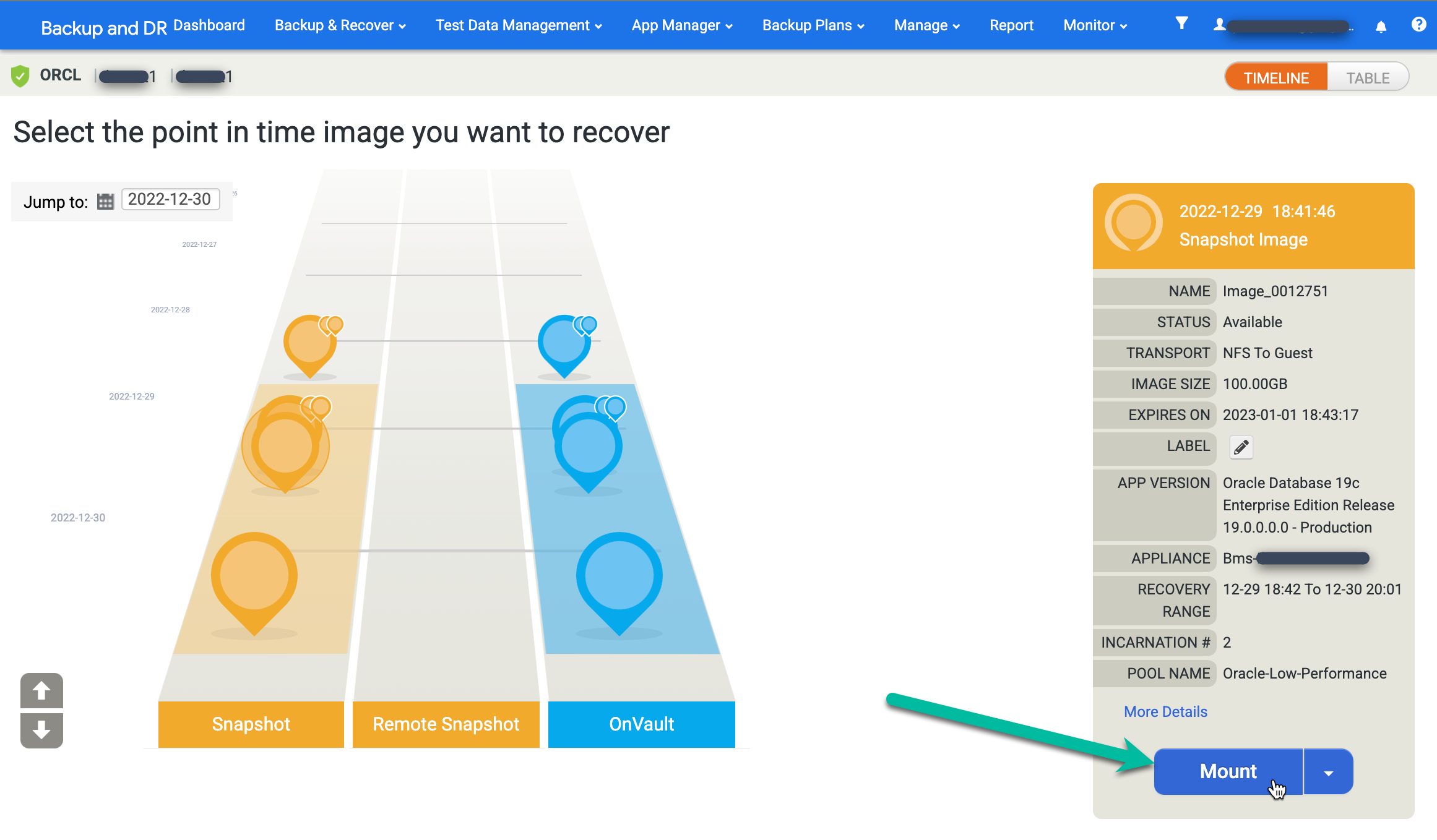Halaman konsol pengelolaan DR dan pencadangan yang menunjukkan cara memilih, memasang, dan memulihkan image cadangan.