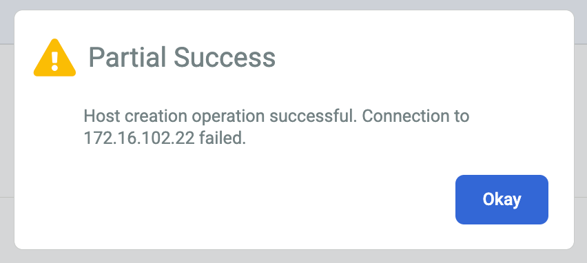 Backup and DR management error message that shows a partial success.