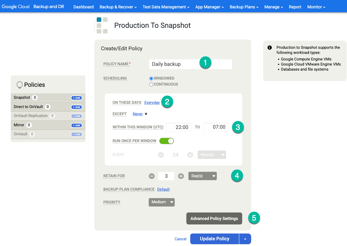 Backup and DR management console page that shows how to add or update a policy for a backup plan template.