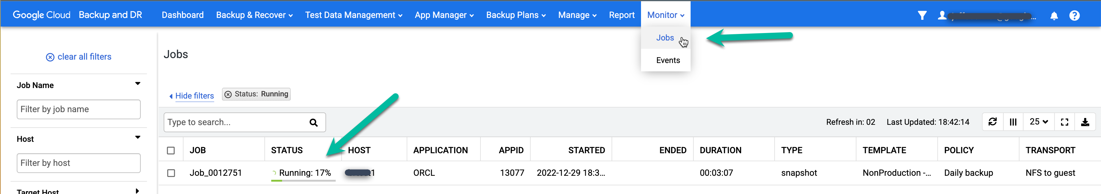 Backup and DR management console page that shows a running backup job.