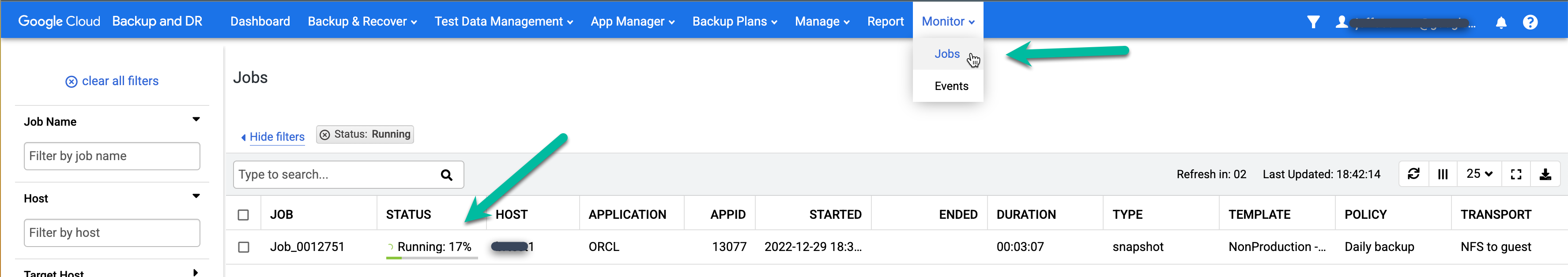 Página de la consola de gestión de Backup y DR que muestra una tarea de copia de seguridad en curso.