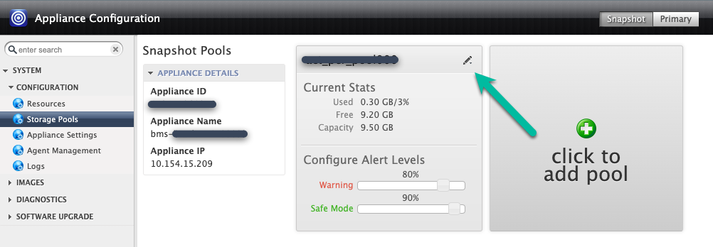 Backup and DR management console page that shows how to expand a snapshot pool by clicking the pencil icon.