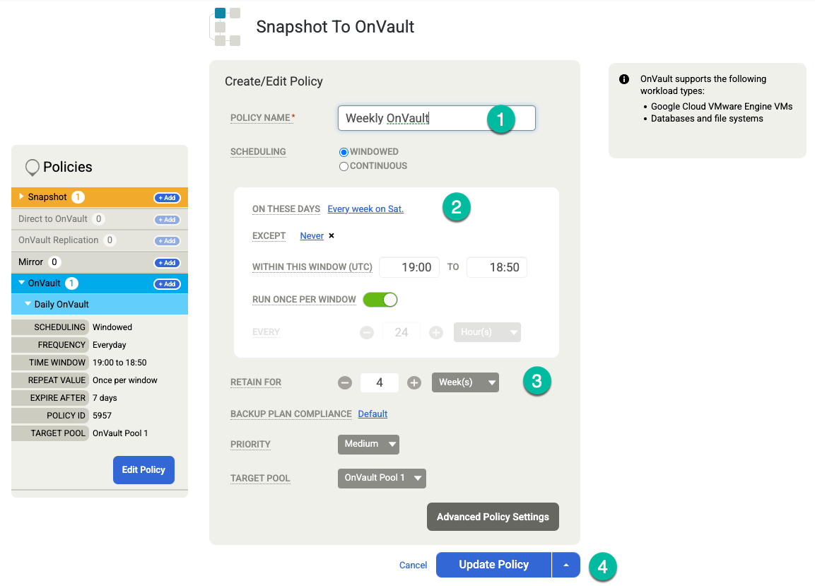 Página da consola de gestão de cópias de segurança e da RD que mostra como adicionar políticas e programações de retenção adicionais para um conjunto do OnVault.