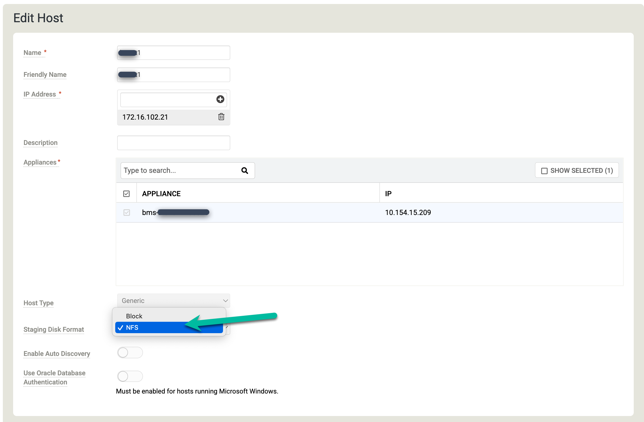 Backup and DR management console page that shows how to select NFS as the staging disk format.