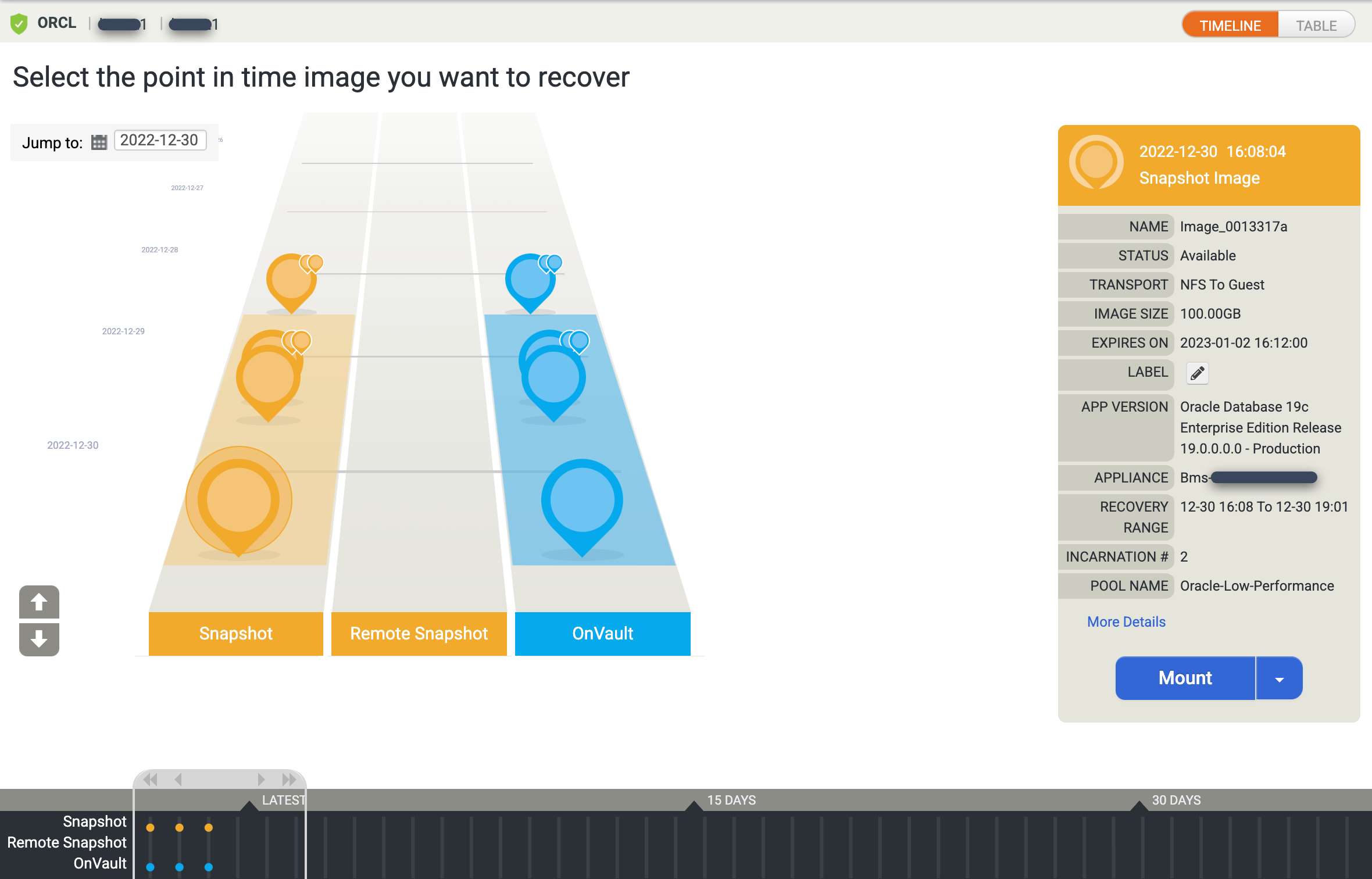 Pagina della console di gestione di backup e RE che mostra la visualizzazione della rampa di cronologia per le immagini di backup.