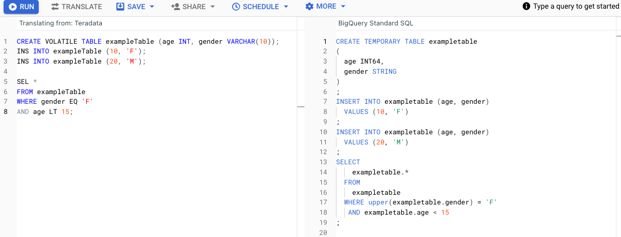 GoogleSQL로 변환된 Teradata SQL 쿼리 표시