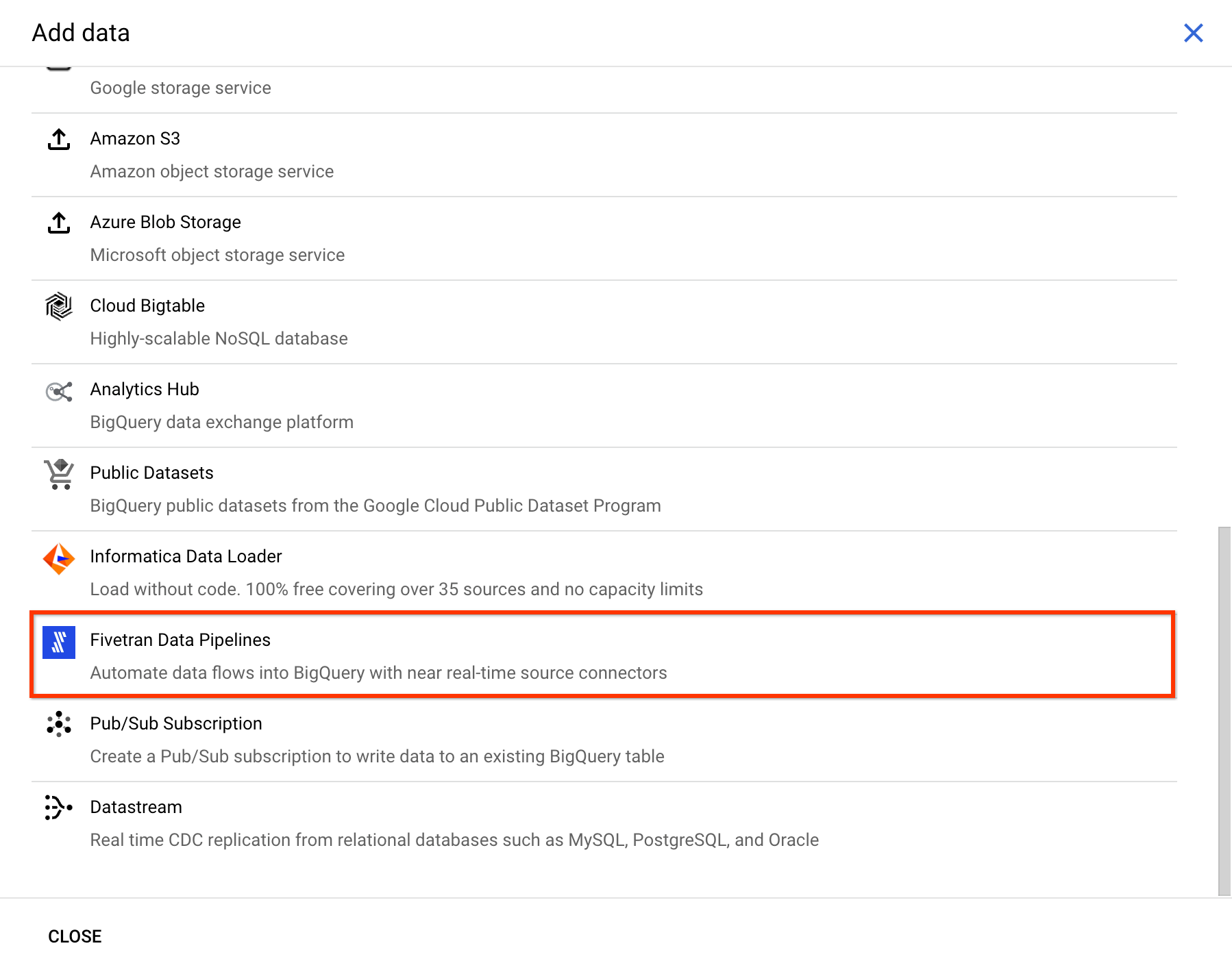 Open Fivetran Data Pipelines in the Add data subtask