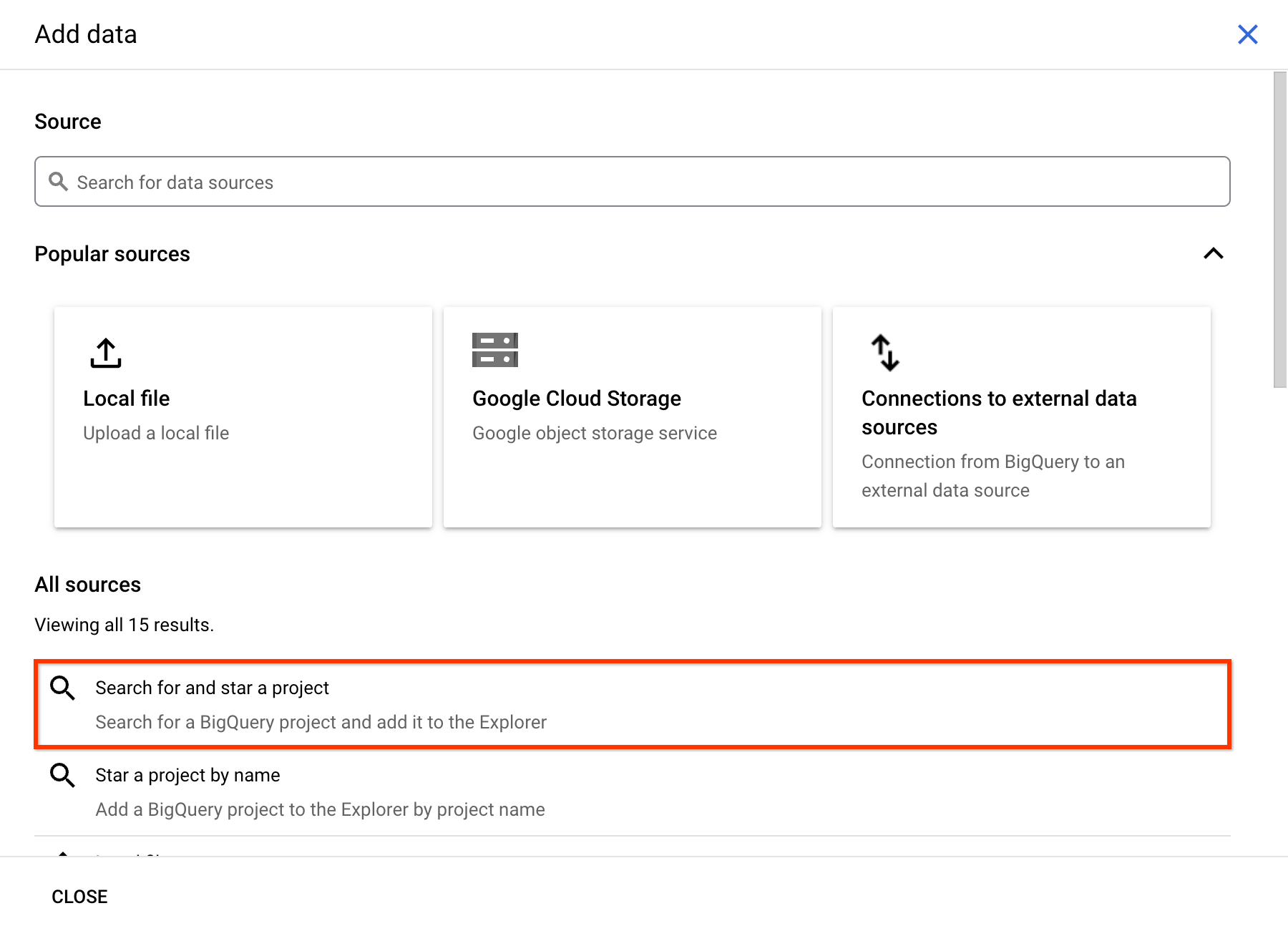 Search for and star a project in the Add data subtask