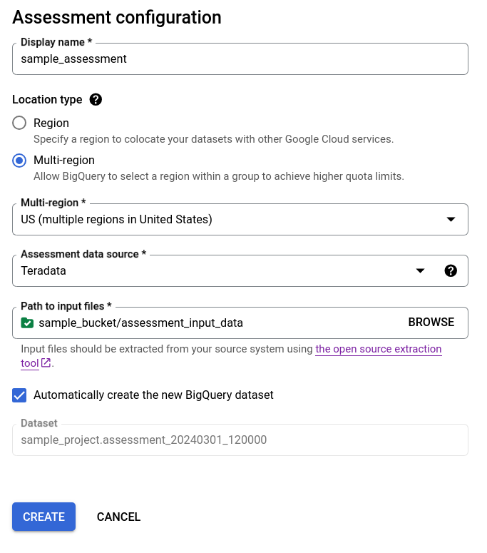 Assessment configuration dialog for Teradata.