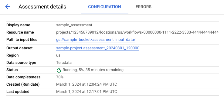Página de detalles de la evaluación: pestaña Configuración.