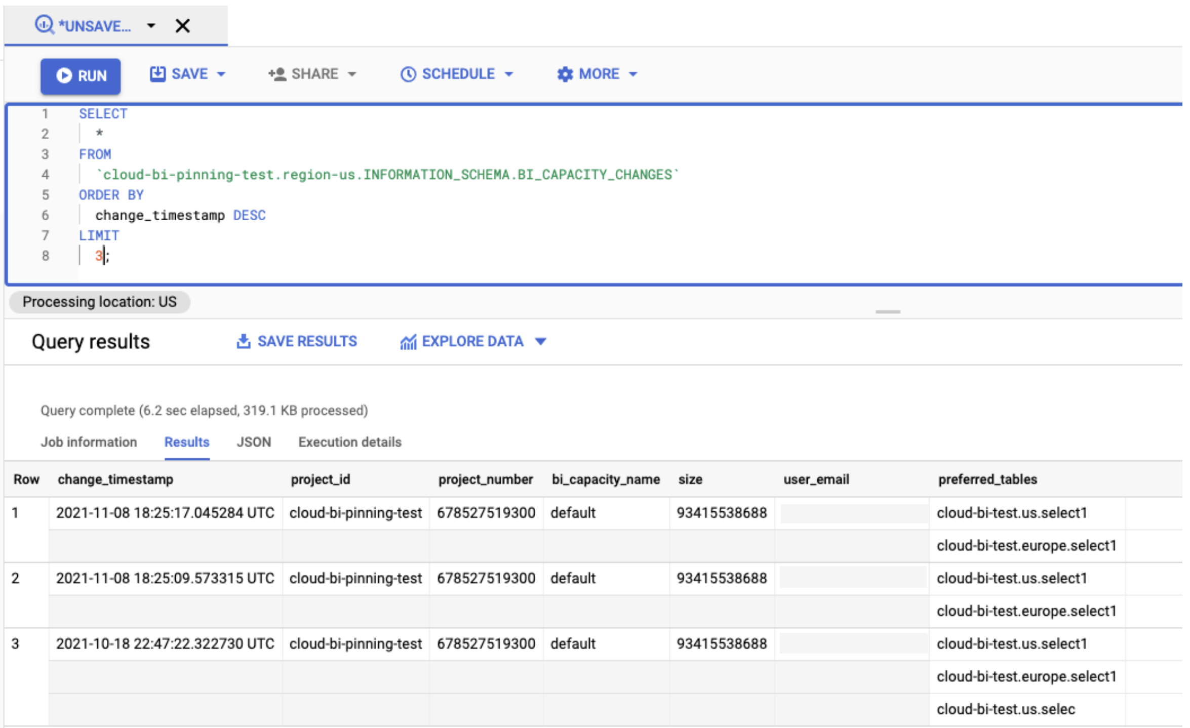 results rows with change_timestamp project_id project_number