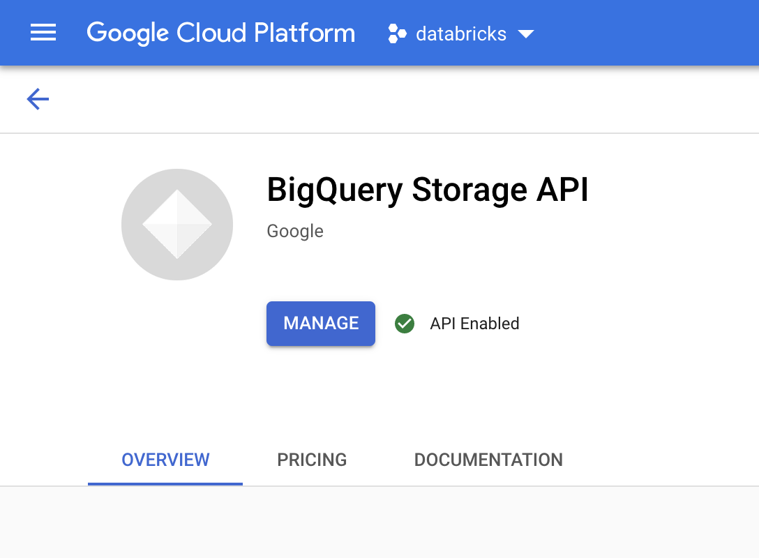 API BigQuery Storage ativada