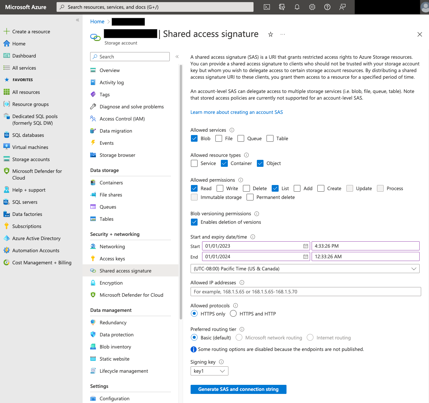 Azure portal SAS