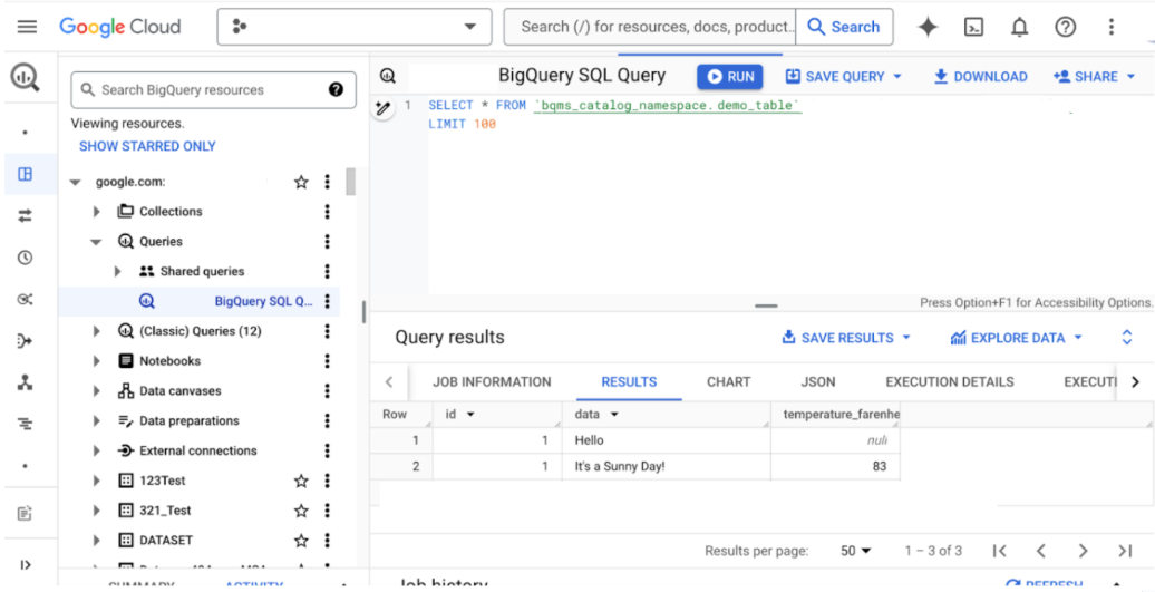 Esegui query sulla tabella in BQMS