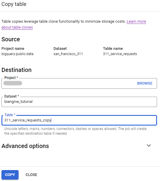 Fenêtre de copie de table avec options de destination