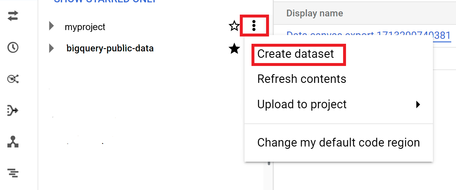 Use o menu de ações do projeto para criar um conjunto de dados.