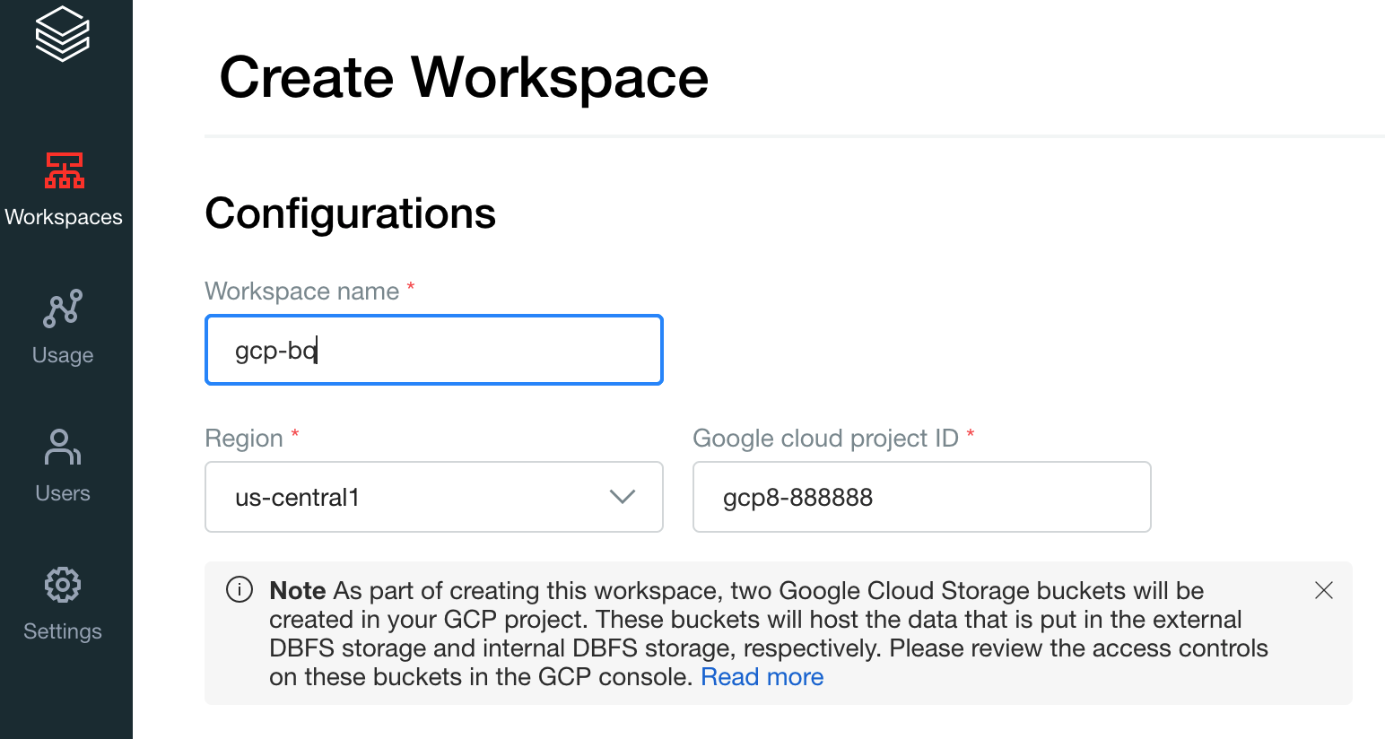 Pantalla de creación de un lugar de trabajo con su nombre, la región y el ID del proyecto de Google Cloud