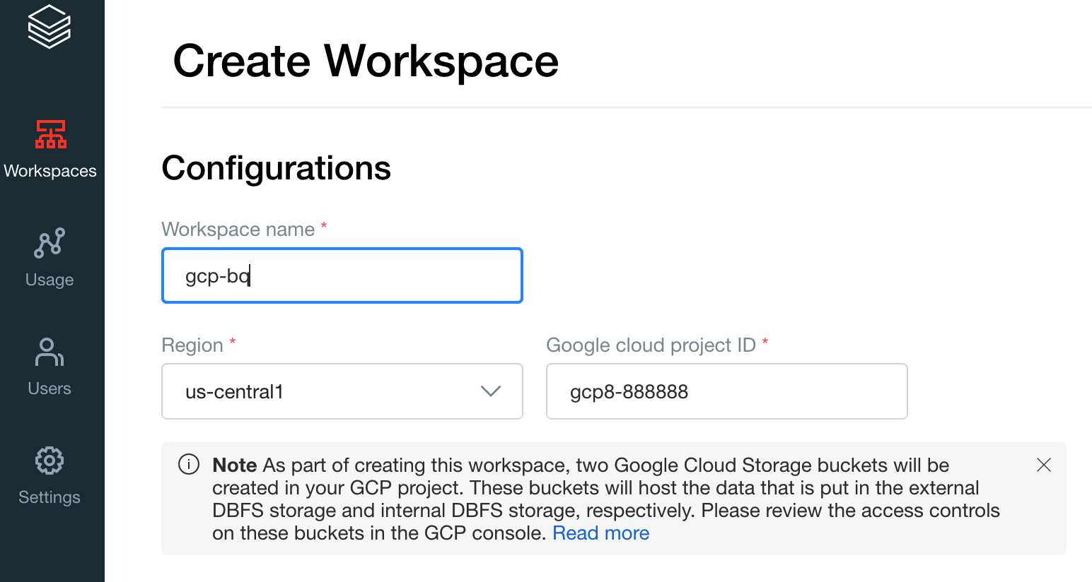 建立工作區畫面，其中包含工作區名稱、區域和 Google Cloud專案 ID