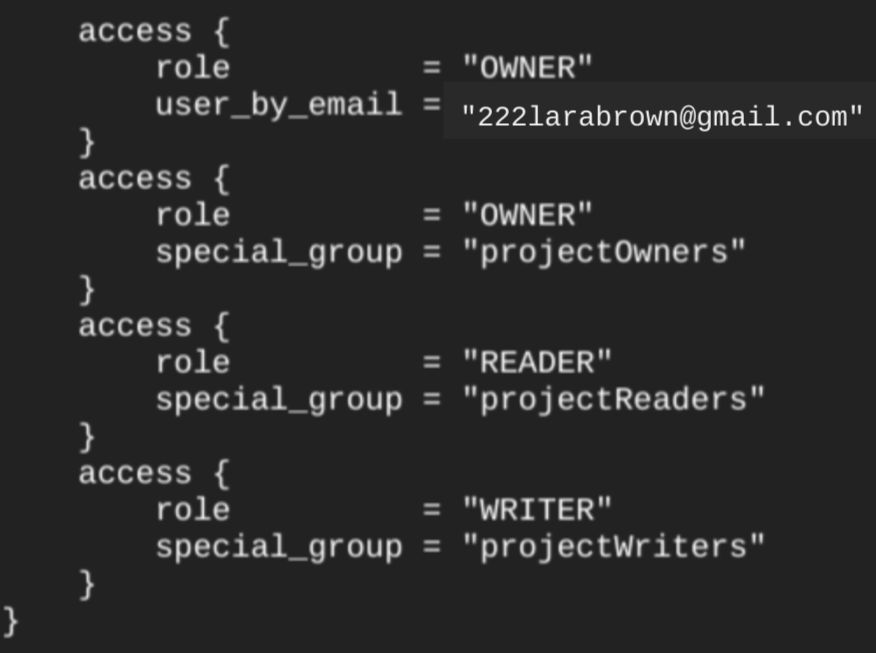 Bloco de acesso para um conjunto de dados criado com o Terraform.