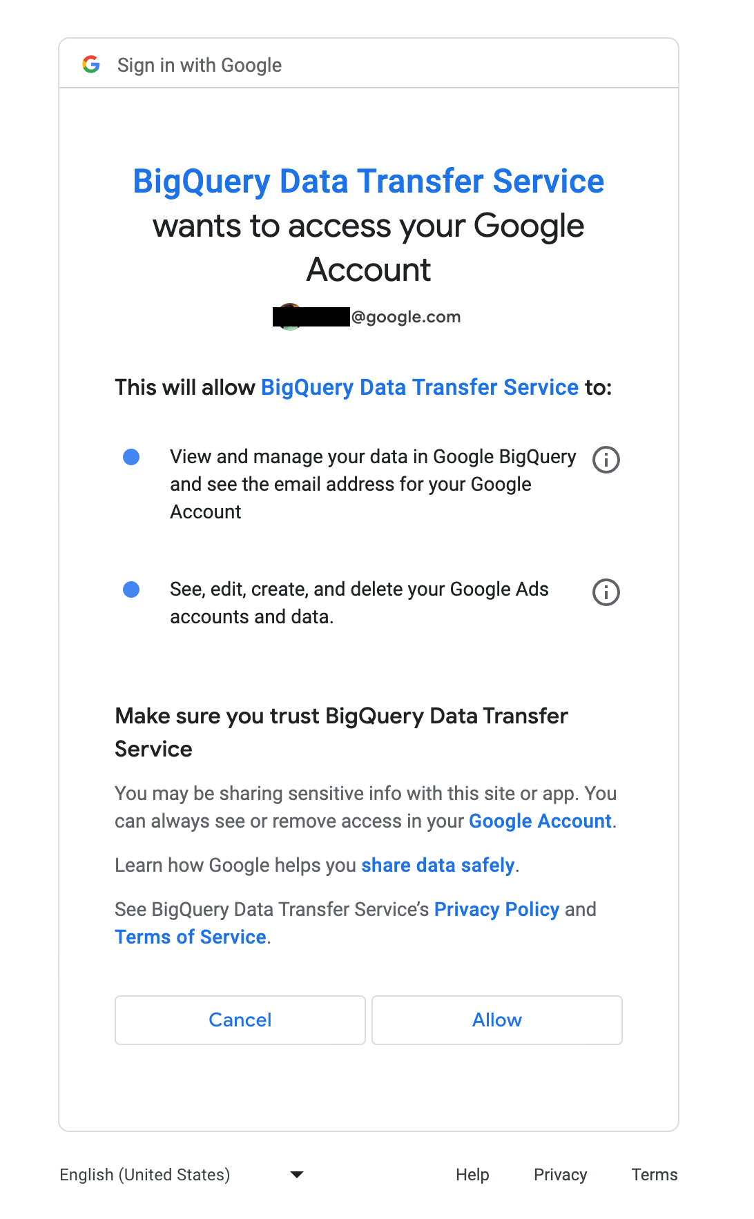 允许 BigQuery Data Transfer Service 访问 Google Ads。