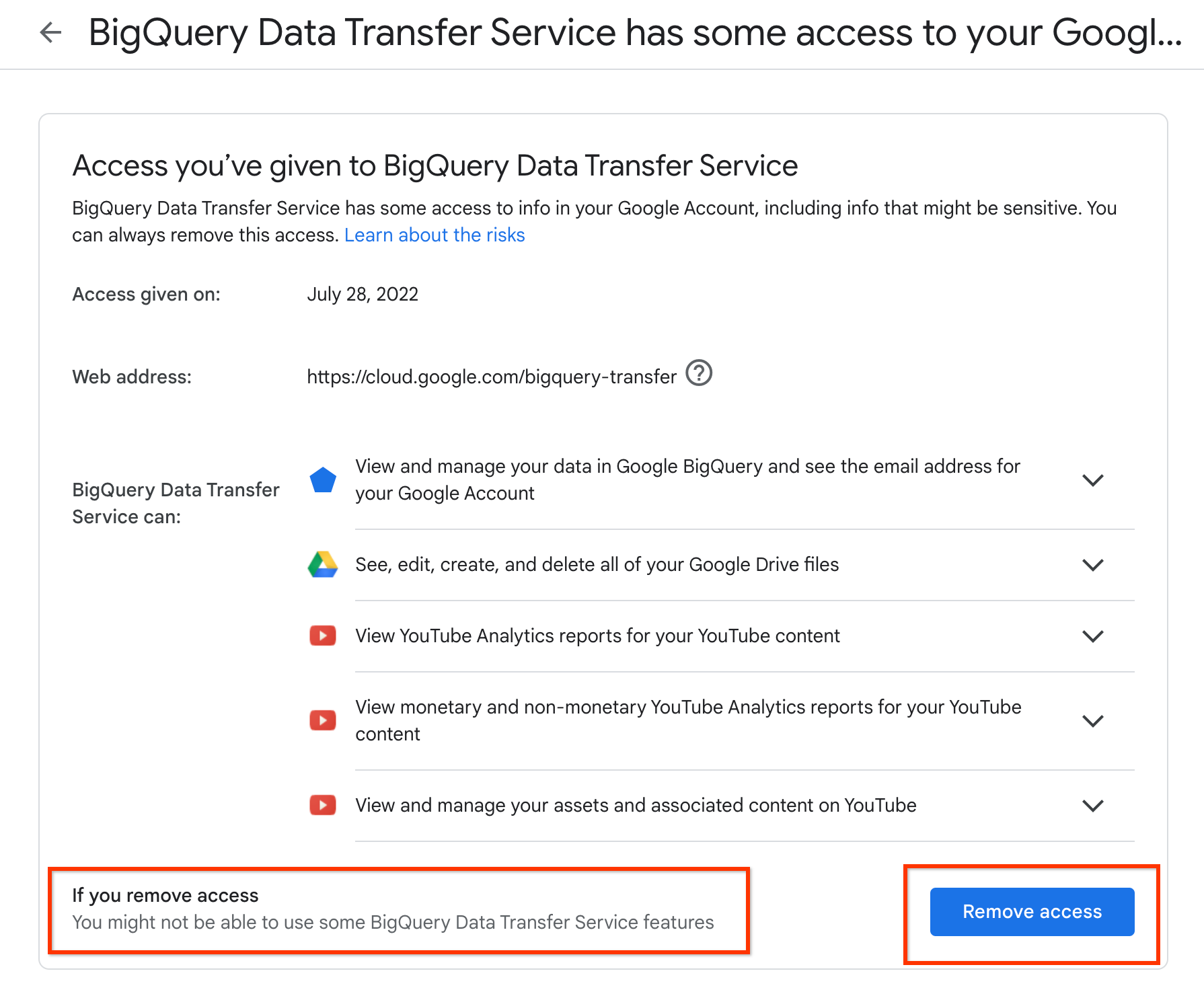 Remove access that you've given to BigQuery Data Transfer Service.