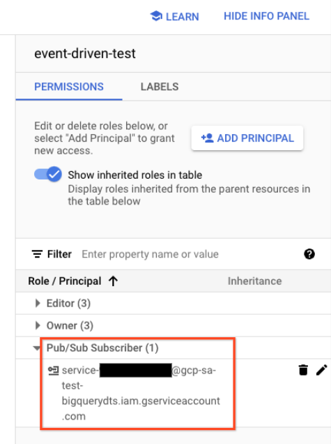 Verifica se l&#39;agente di servizio dispone di pubsub.subscriber per l&#39;abbonamento.