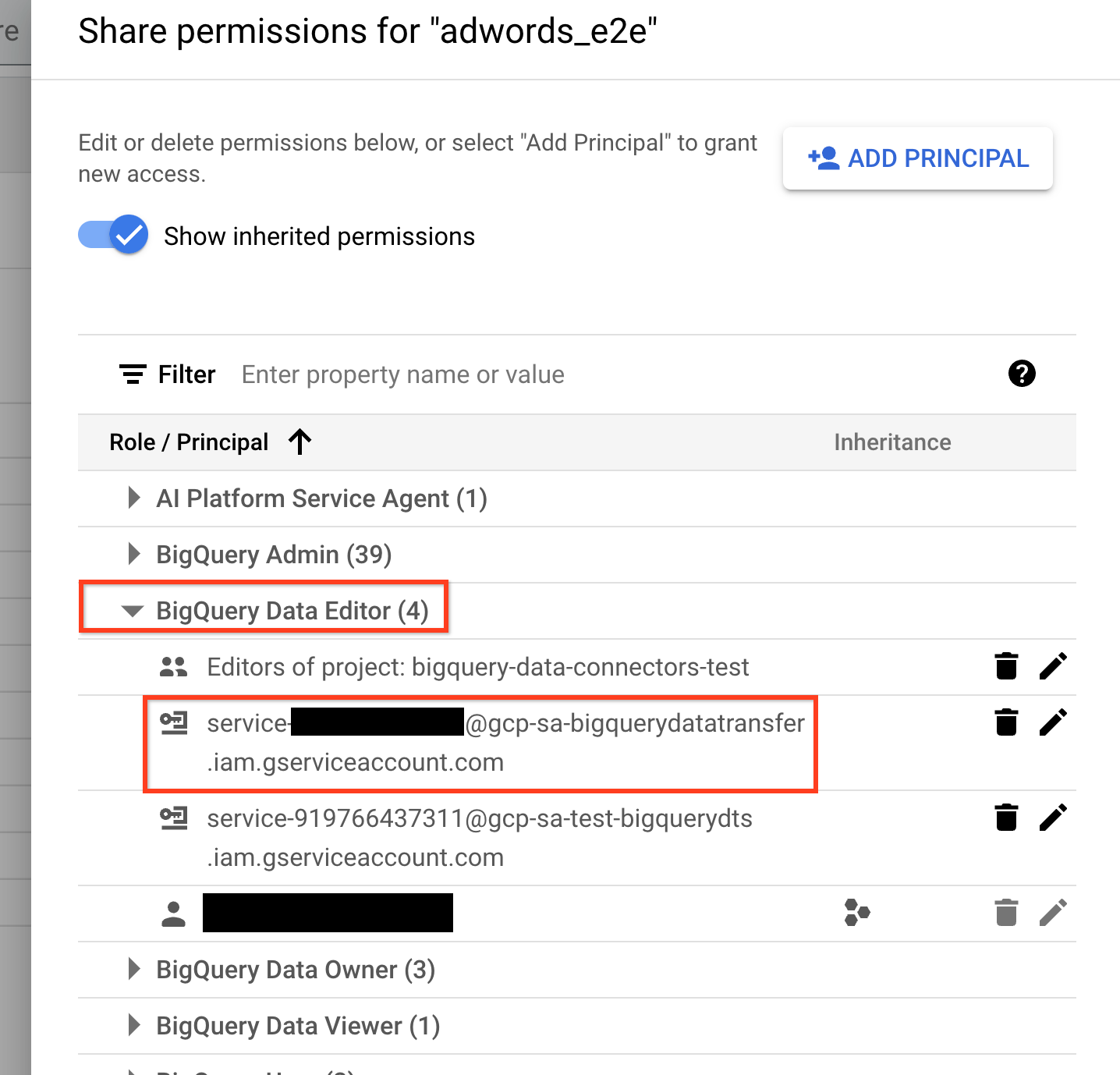 確認已新增 BigQuery 資料編輯者角色。