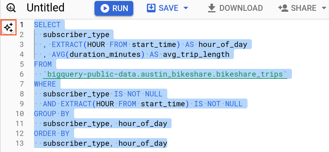 The Explain this query icon and text highlighted in the left column of the BigQuery query editor.