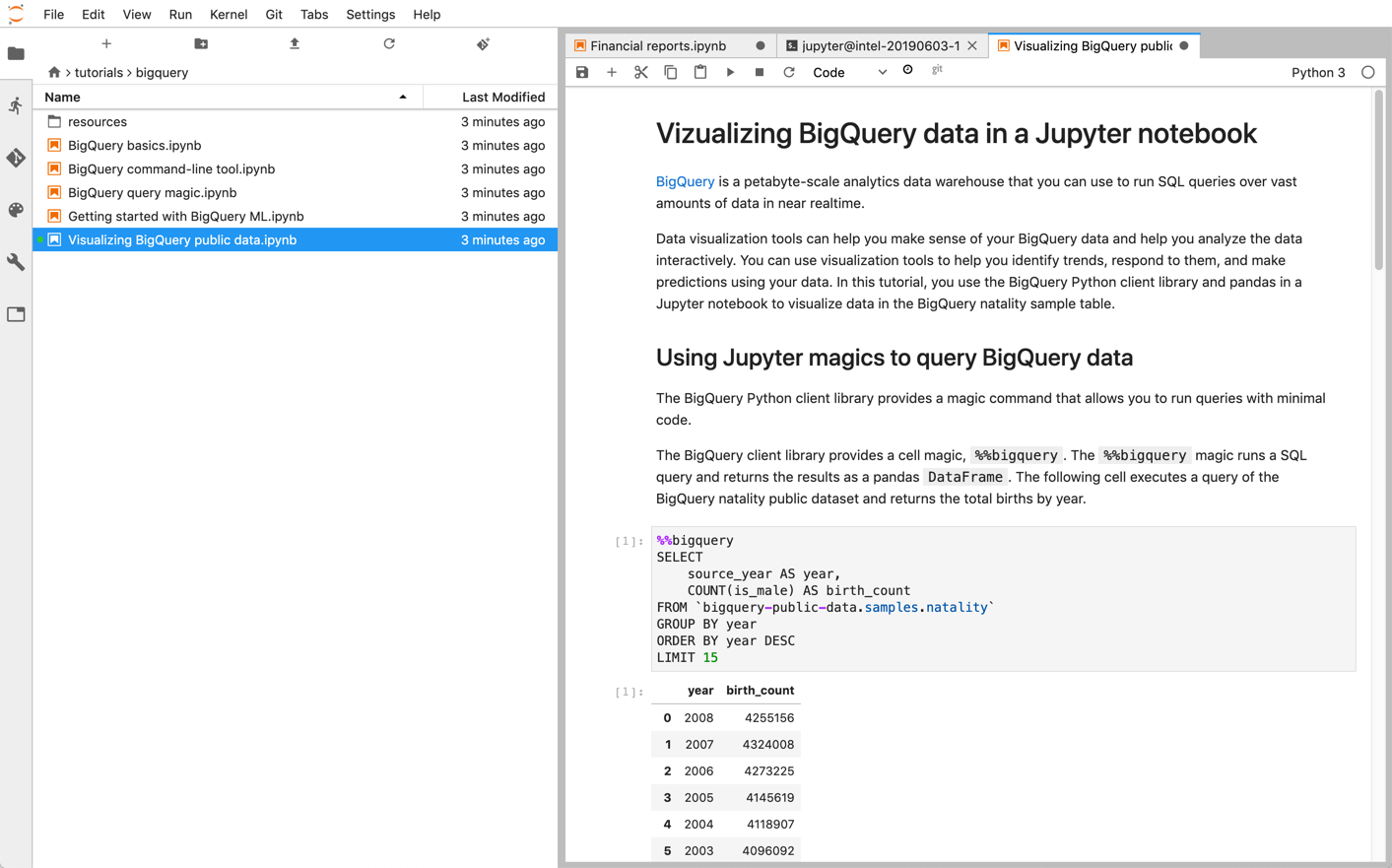 JupyterLab: 複数のドキュメントやアクティビティをタブと分割線で並べて作業領域に配置。