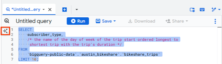 BigQuery 查詢編輯器邊緣的 Gemini 圖示已醒目顯示,且已選取完整的 SQL 陳述式。