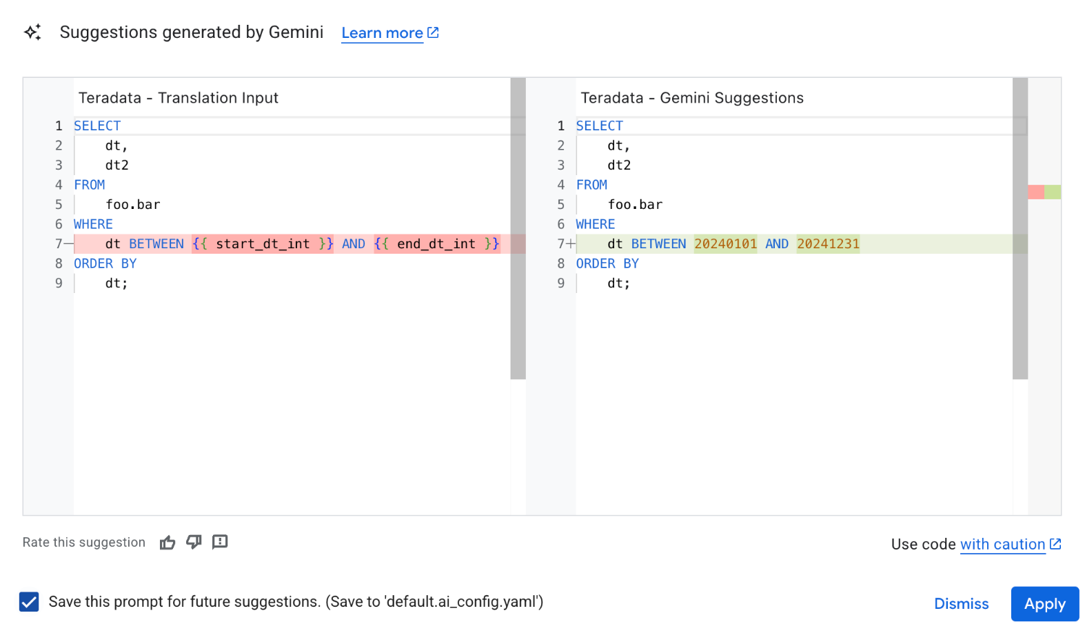 Applica le modifiche dal file YAML di configurazione basato su Gemini