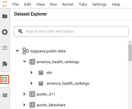 En el panel del Explorador de conjuntos de datos, se muestra un proyecto expandido y una lista de conjuntos de datos.