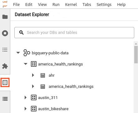 Panel Dataset Explorer menampilkan project yang diperluas dan daftar set data.
