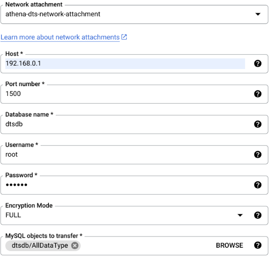 Data source details on the Create transfer page