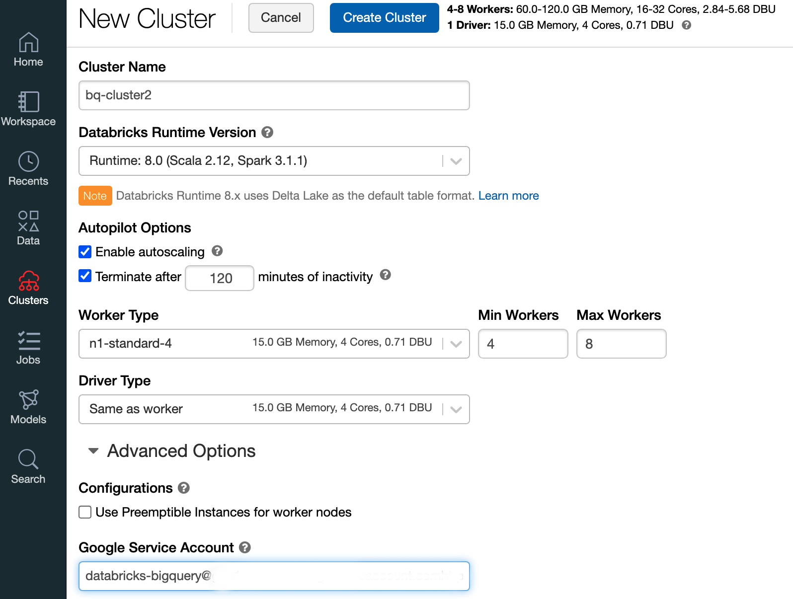 New Cluster surface with Google Service Account details