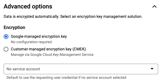 Scheduled query advanced options.