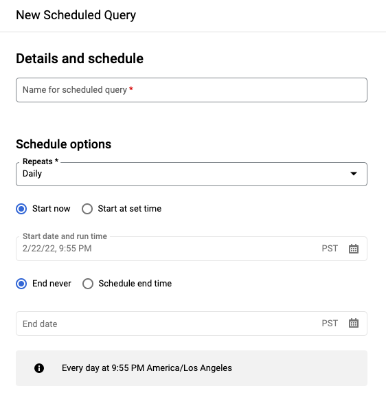 「New scheduled query」(新增排程查詢) 窗格。
