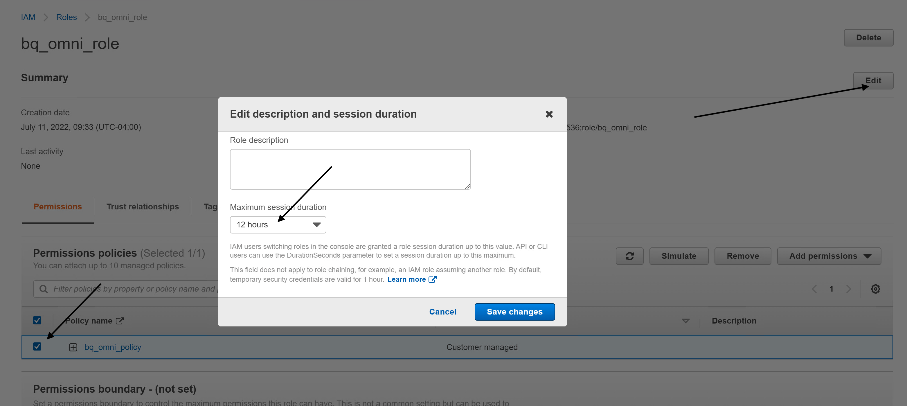 AWS の [Edit] ボタンをクリックして、セッション継続時間を設定します。