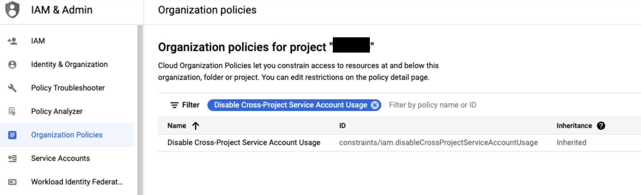 「プロジェクト間のサービス アカウントの使用」ポリシーがサービス アカウントに適用されているかどうかを確認します。