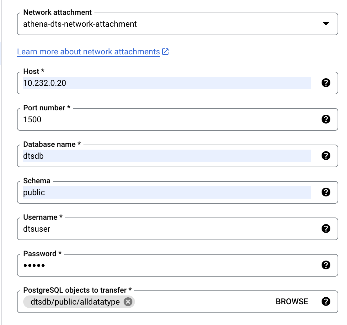 Data source details on the Create transfer page