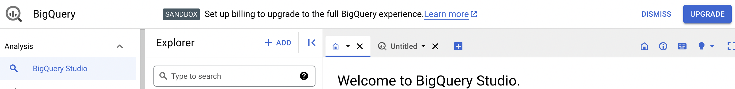 確認通知に、BigQuery のすべての機能を利用できるようになるアップグレード オプションが示されています。