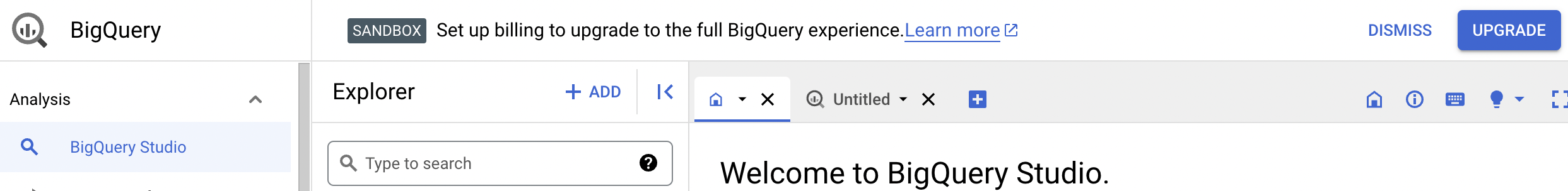 En el aviso de confirmación se ofrece la opción de actualizar a la experiencia completa de BigQuery.