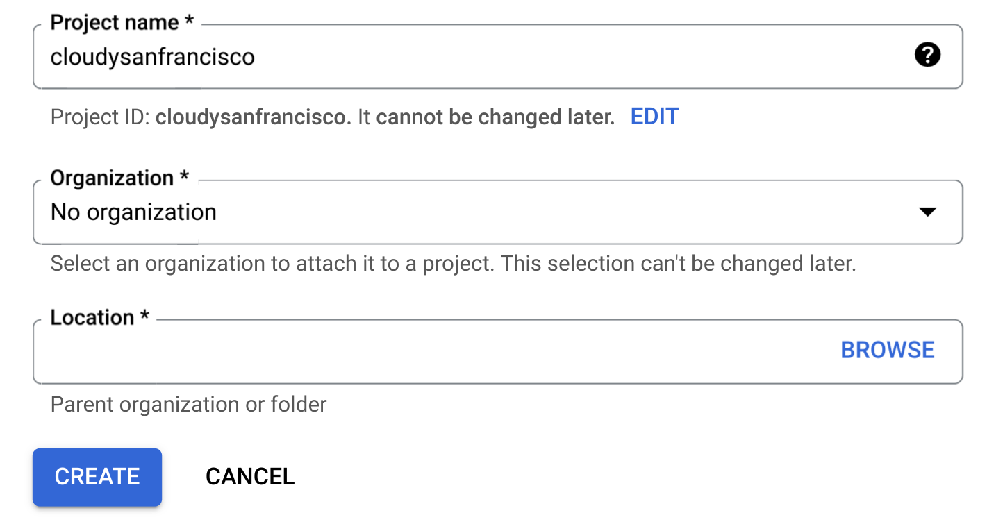 Página de creación de proyectos del entorno aislado de BigQuery.