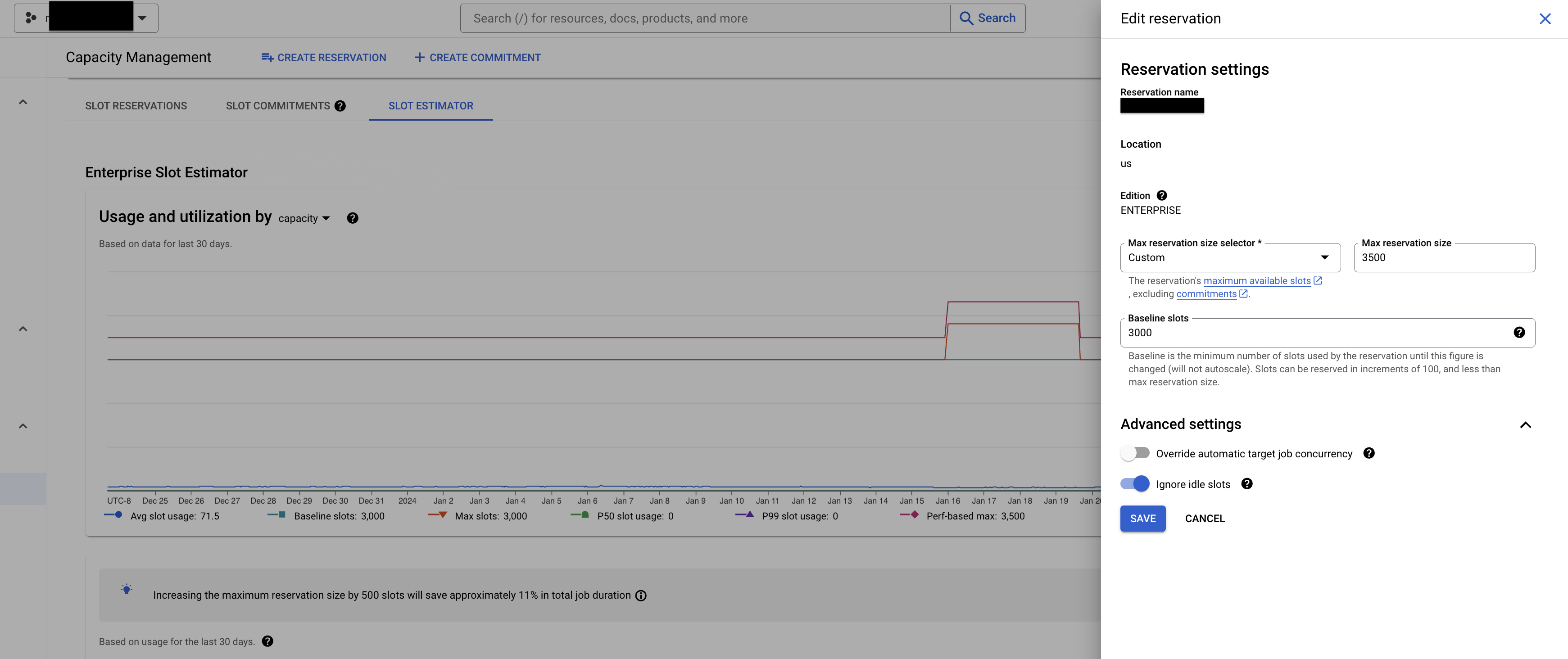 Reserva de edição da recomendação de reserva do recomendador de slot no
Console do Google Cloud.