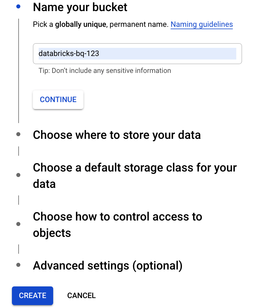 在「命名 bucket」對話方塊中輸入 databricks-bq-123
