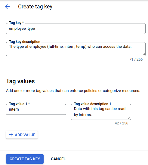 Exemple de création d'une clé et de valeurs de tags.